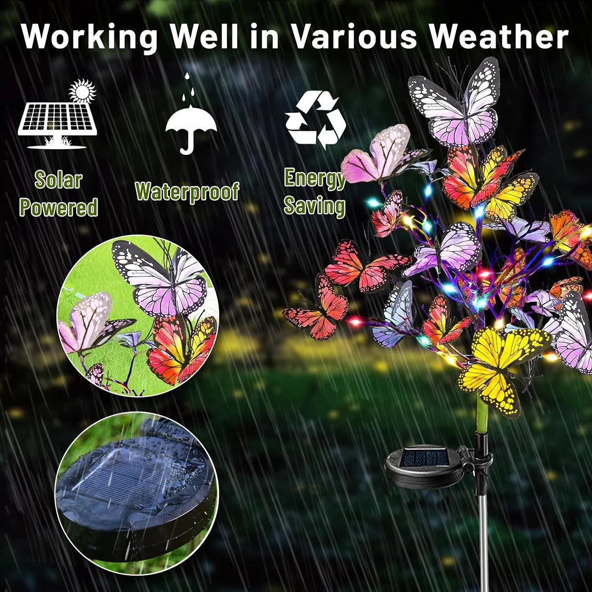 Solcellsdriven marklampa med fjärilsblomma, solcellsdriven trädgårdslampa för utomhusbruk, plastmaterial, utmärkt för , gård och gräsmatta