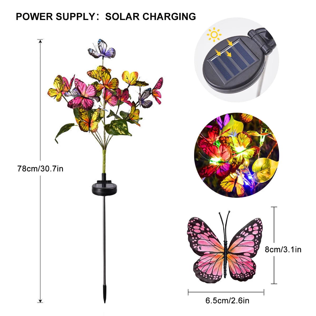 Solcellsdriven marklampa med fjärilsblomma, solcellsdriven trädgårdslampa för utomhusbruk, plastmaterial, utmärkt för , gård och gräsmatta